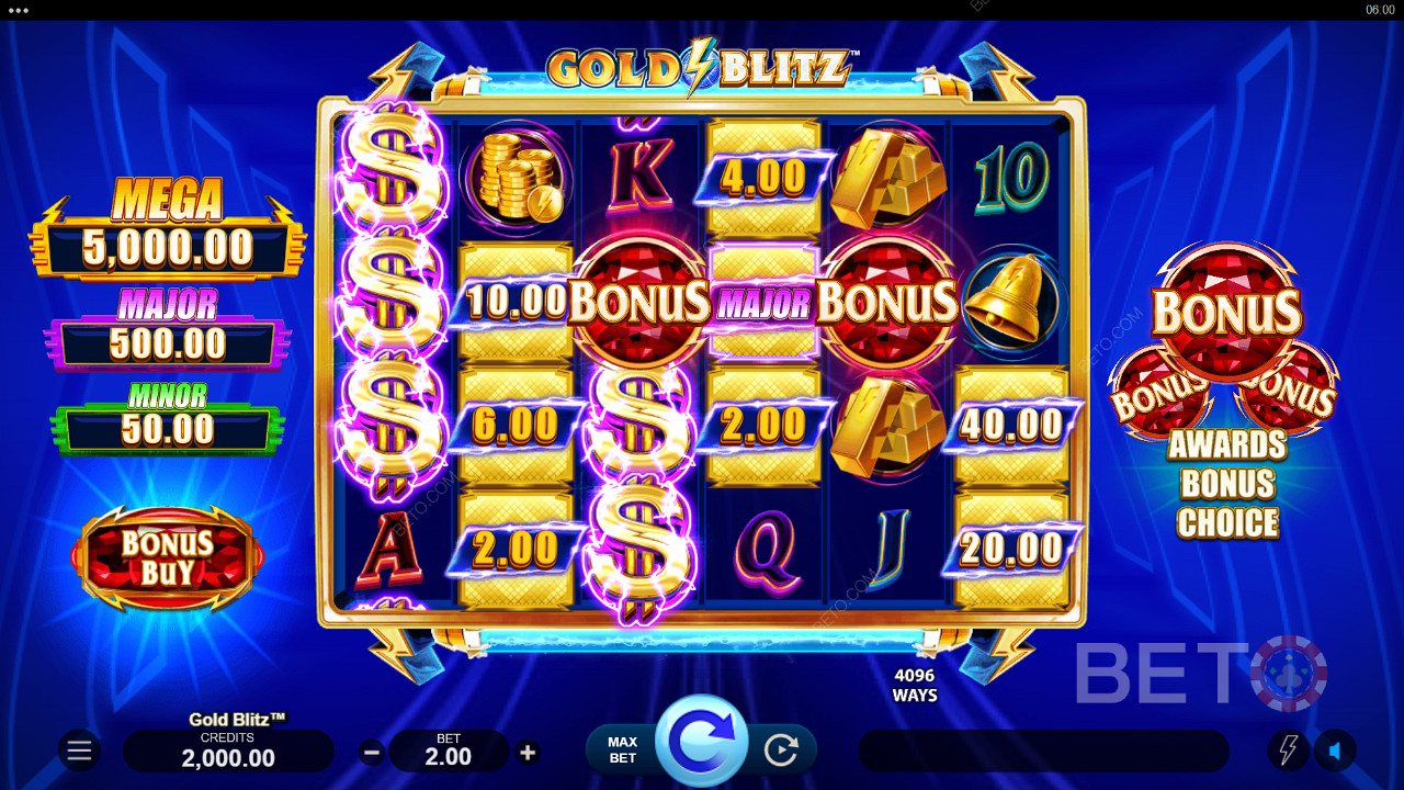 Jackpotovou cenu můžete vyhrát při každém roztočení základní hry ve slotu Gold Blitz.
