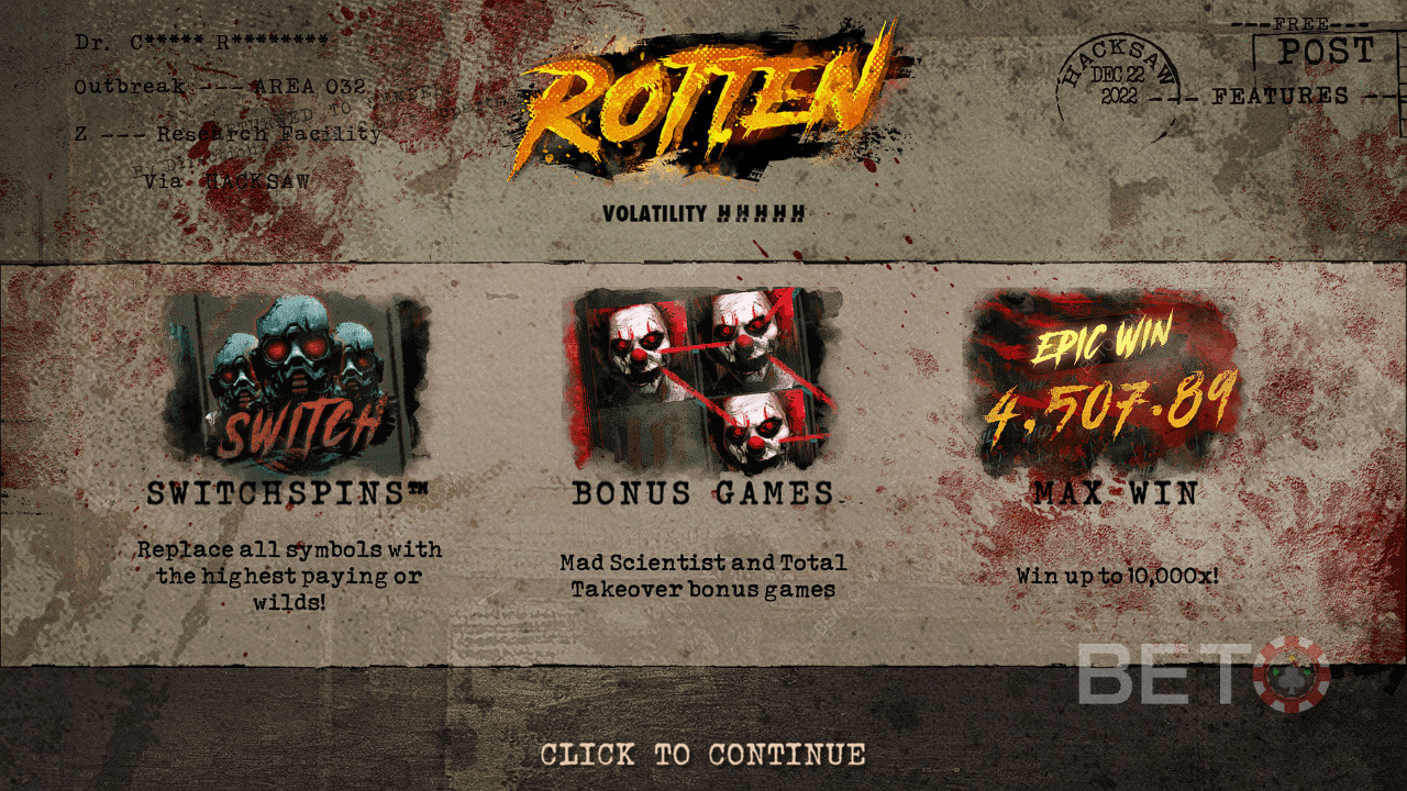Užijte si SwitchSpins, Free Spins a další ve slotu Rotten od Hacksaw Gaming