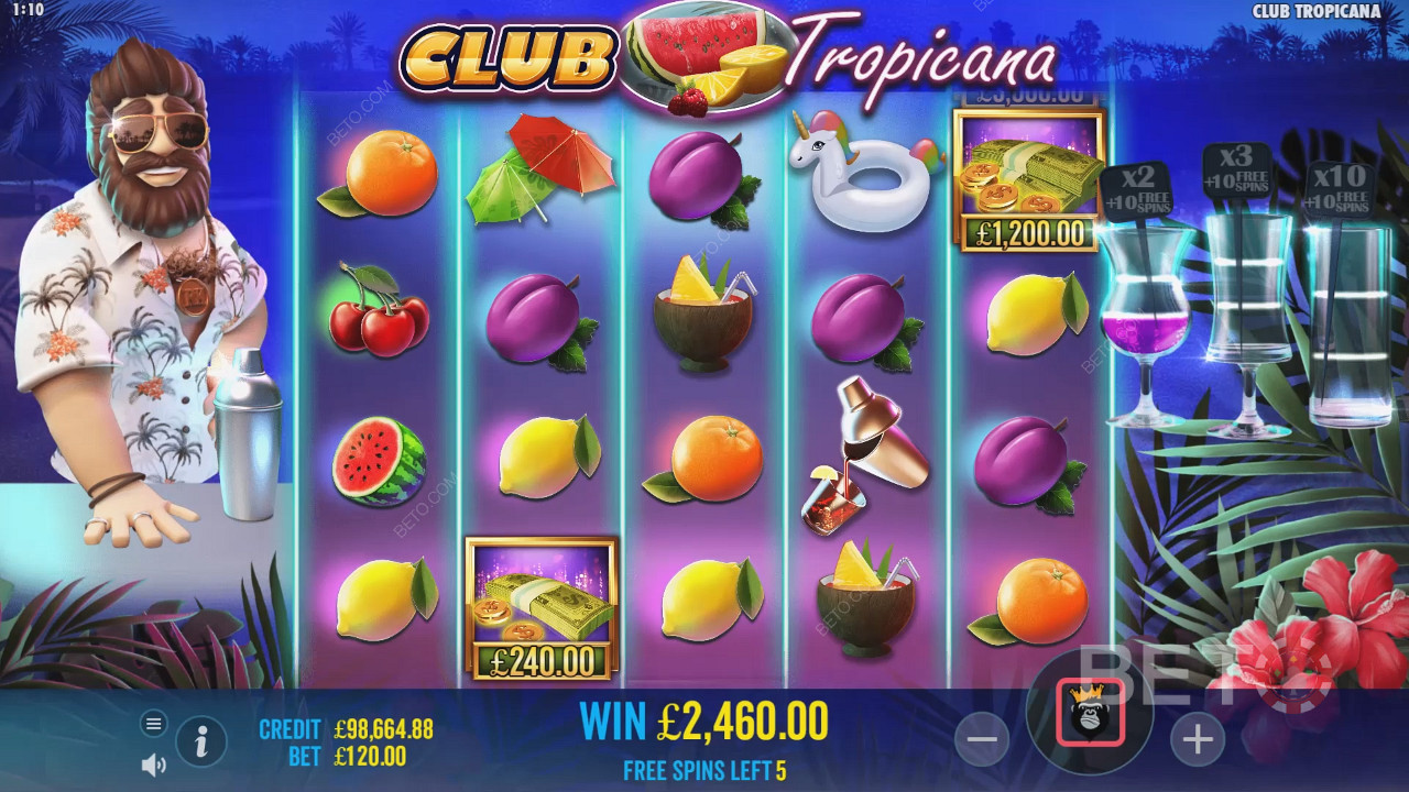 Získejte příležitost sbírat symboly peněz ve Free Spins ve slotu Club Tropicana.