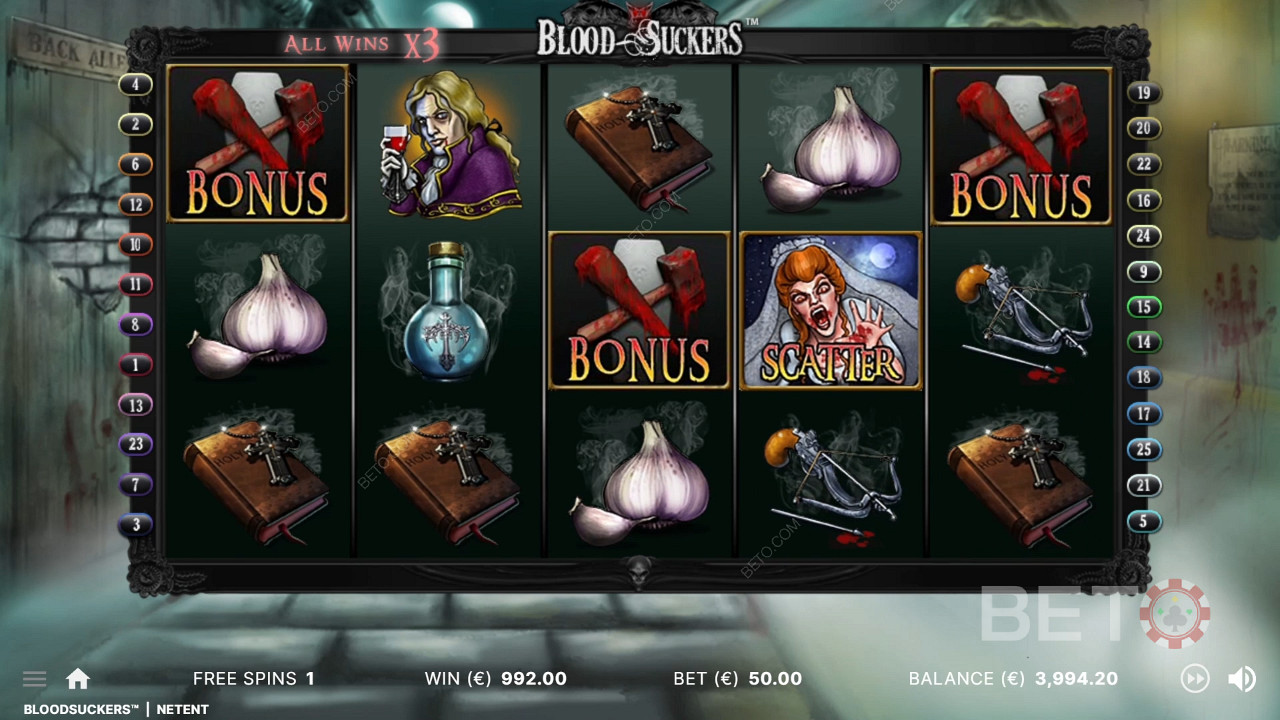 3 bonusové symboly na správných pozicích spustí bonusovou hru ve slotu Blood Suckers.