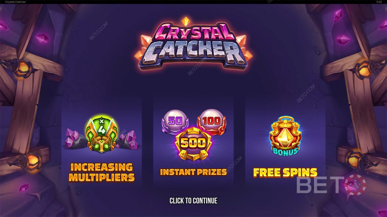 Vysvětlení bonusových funkcí v aplikaci Crystal Catcher od Push Gaming