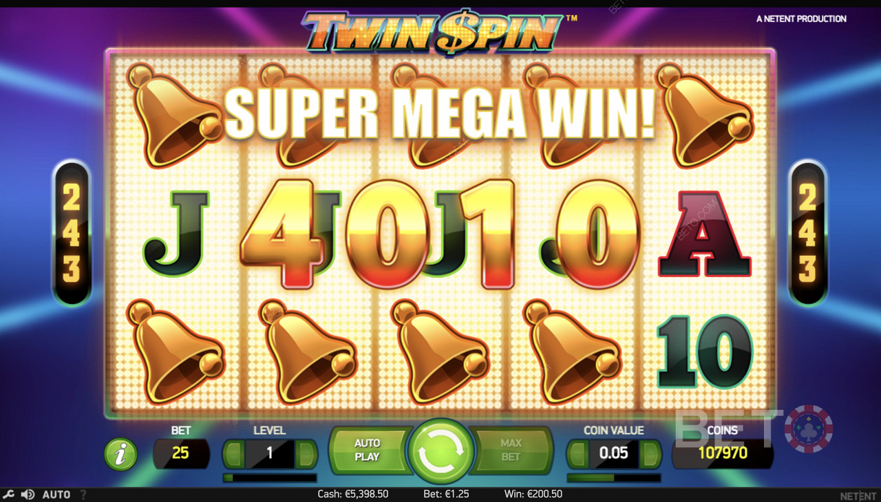Výhra Super Mega Win ve hře Twin Spin