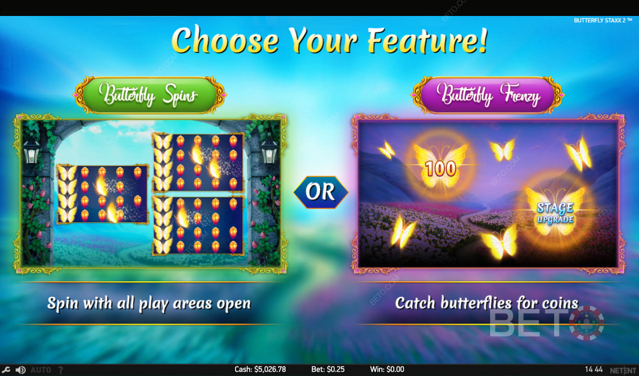 Vyberte si ze dvou úžasných bonusových her - režim točení nebo chytání motýlů.