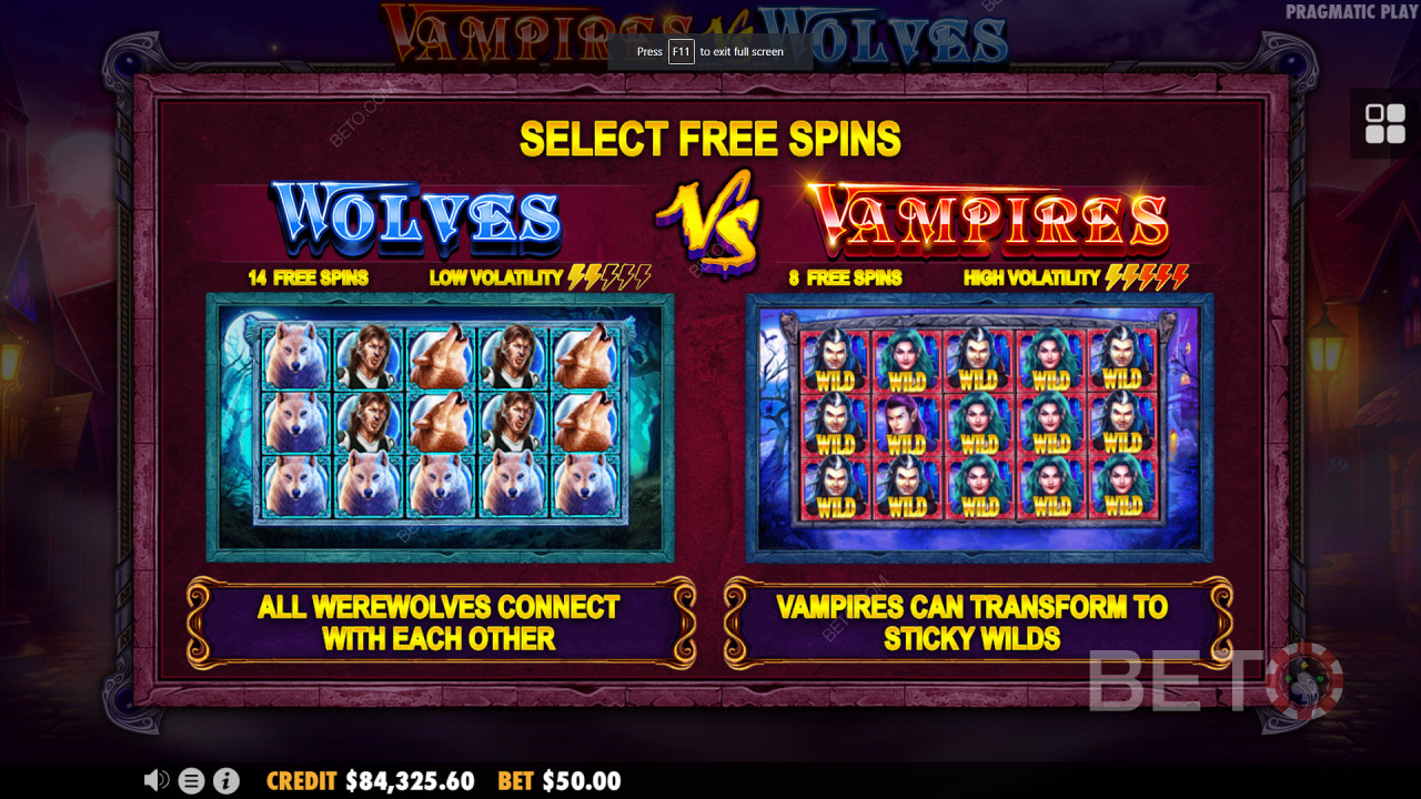 Dvojitá bonusová kola zdarma ve hře Vampires vs Wolves