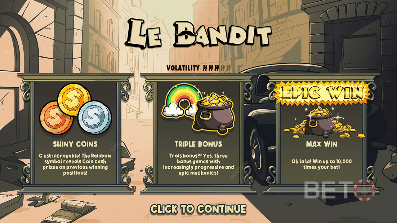 Tři bonusy a peněžní výhry vám pomohou vyhrát 10 000násobek vaší sázky ve slotu Le Bandit.