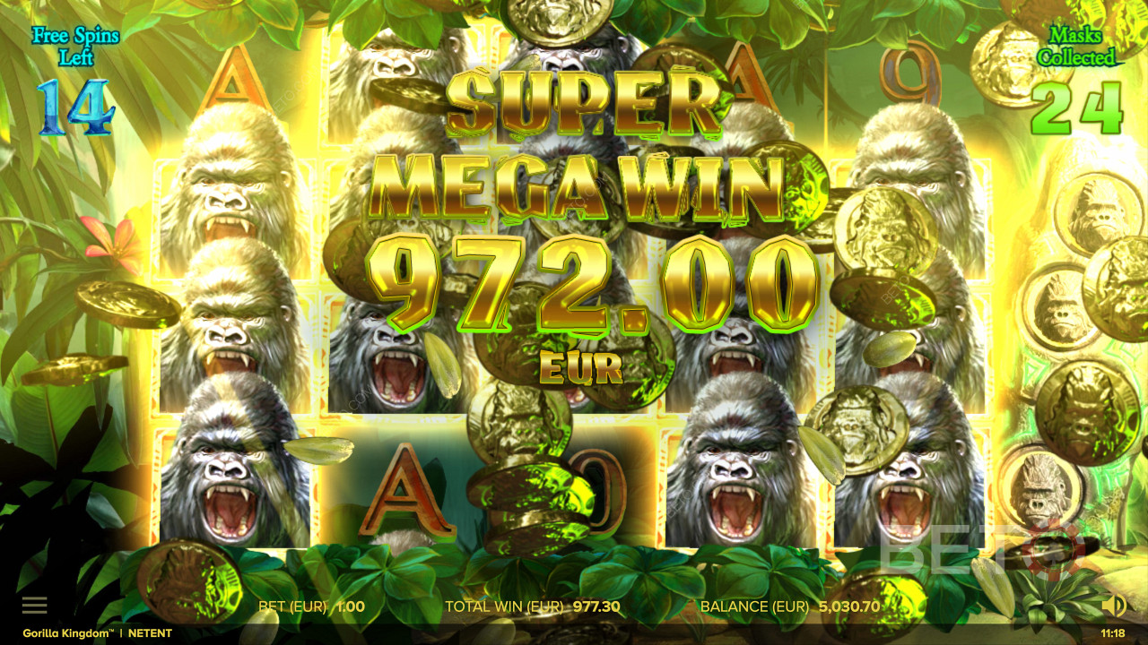 Získání super mega výhry v online slotu Gorilla Kingdom