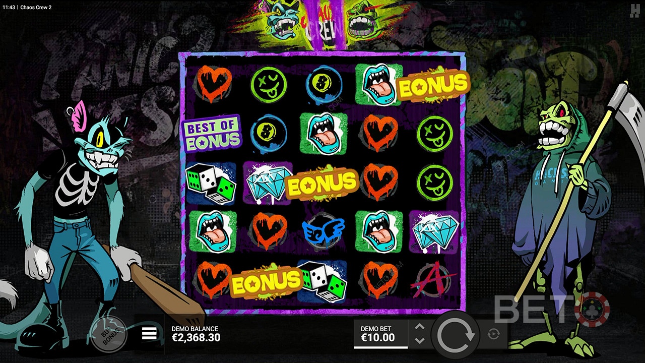 Bonusová hra se spustí, když ve slotu Chaos Crew 2 padnou 3 bonusové symboly.