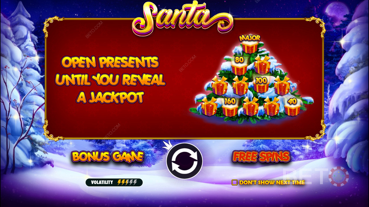 Bonusová hra s peněžními výhrami a jackpoty ve slotu Santa online