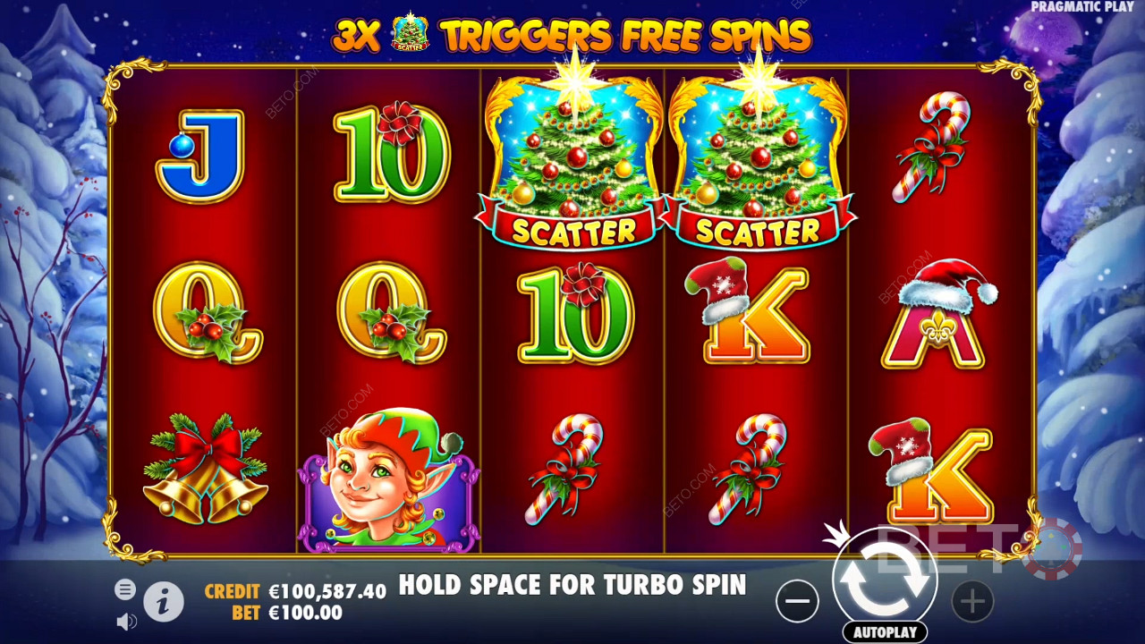 2 vánoční stromky nestačí ke spuštění Free Spins, takže se snažte dál.