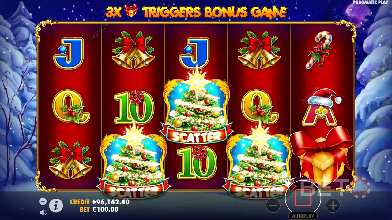3 symboly Scatter (vánoční stromeček) spustí bonus Free Spins.