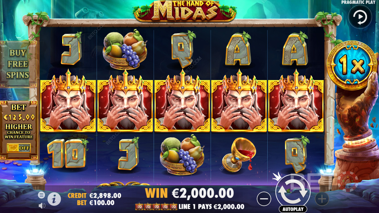5 symbolů krále Midase ve videoloterijním automatu Hand of Midas vynáší hodně.