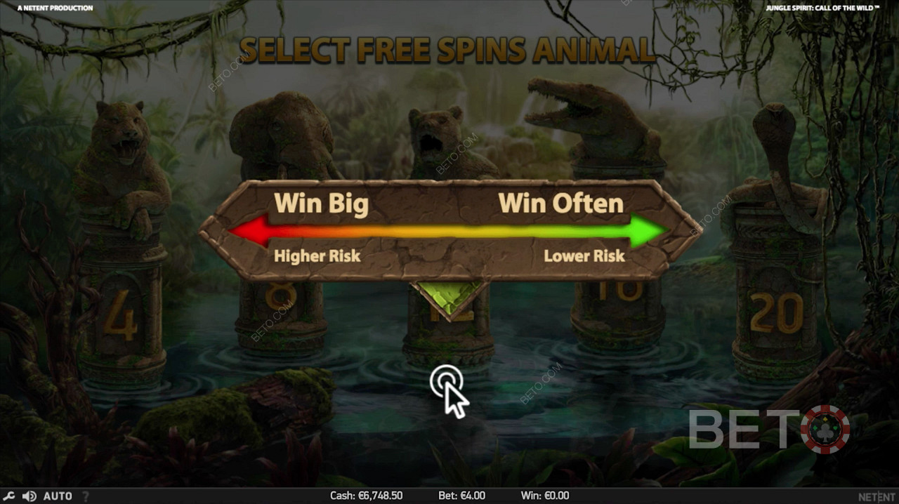 Vyberte si zvíře během bezplatných kol ve hře Jungle Spirit: Vždy, když se objevují symboly divoké přírody, můžete si vybrat z následujících možností