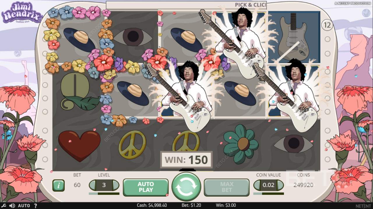 Tři symboly Scatter ( Jimi Hendrix ) na válcích spustí hru Pick and Click Game.