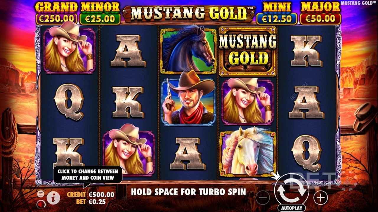 Symbolem Wild je ve hře Mustang Gold Online Slot logo hry.