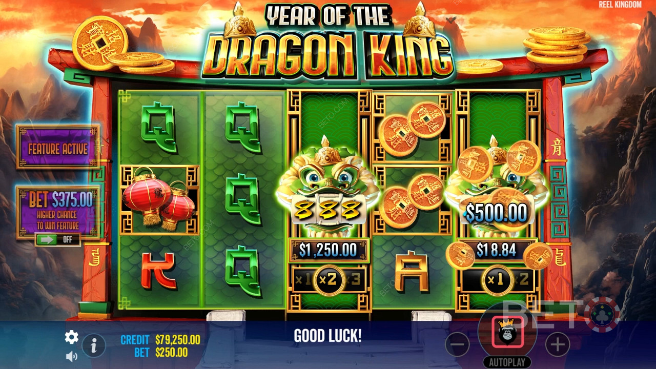 Sledujte, jak se v automatu Year of the Dragon King točí mini výherní automaty