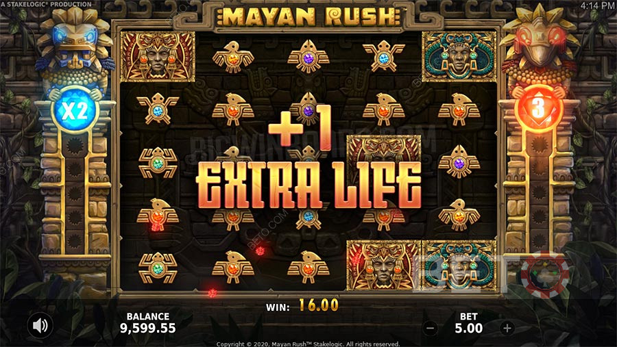 Bonusové funkce Mayan Rush zahrnují Free Spins, násobitel a hazardní hru.