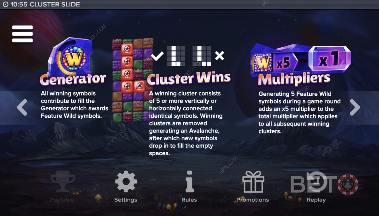Generátor, Cluster Wins a multiplikátor ve snímku Cluster Slide