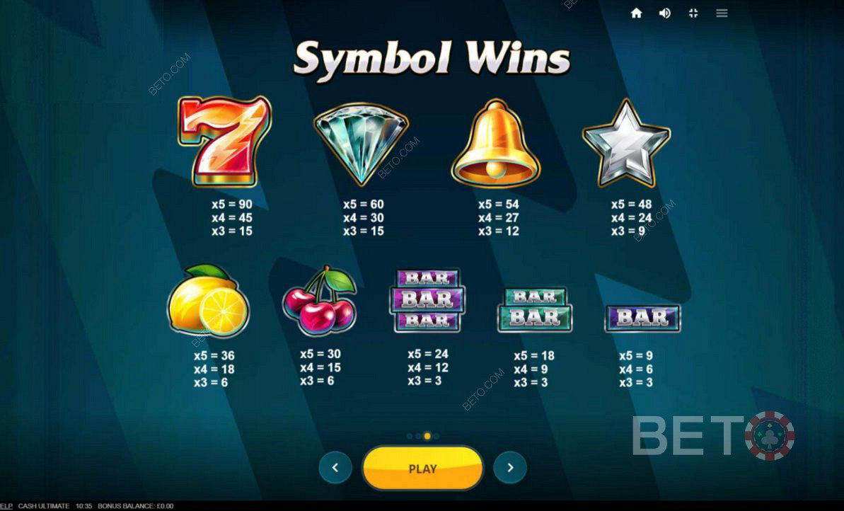 Různé kombinace symbolů ve hře Cash Ultimate
