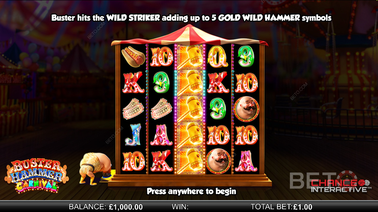 Užijte si bonusovou hru Wild Striker v online slotu Buster Hammer Carnival