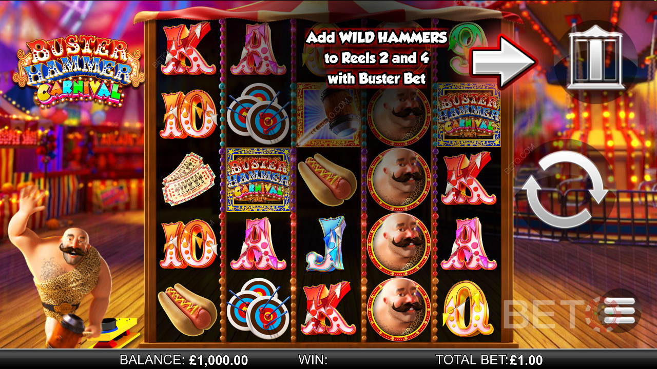 Buster Hammer Carnival - zažijte mocná roztočení zdarma a funkci Gold Wild Hammer - automat od společnosti Reel Play