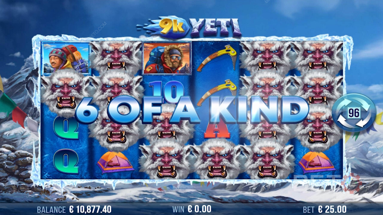 Získejte kombinaci šesti stejných symbolů a vyhrajte velké peníze v online slotu 9k Yeti