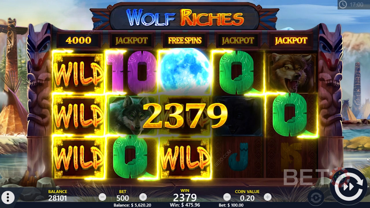 Roztočení zdarma a výhra Wild v online slotu Wolf Riches