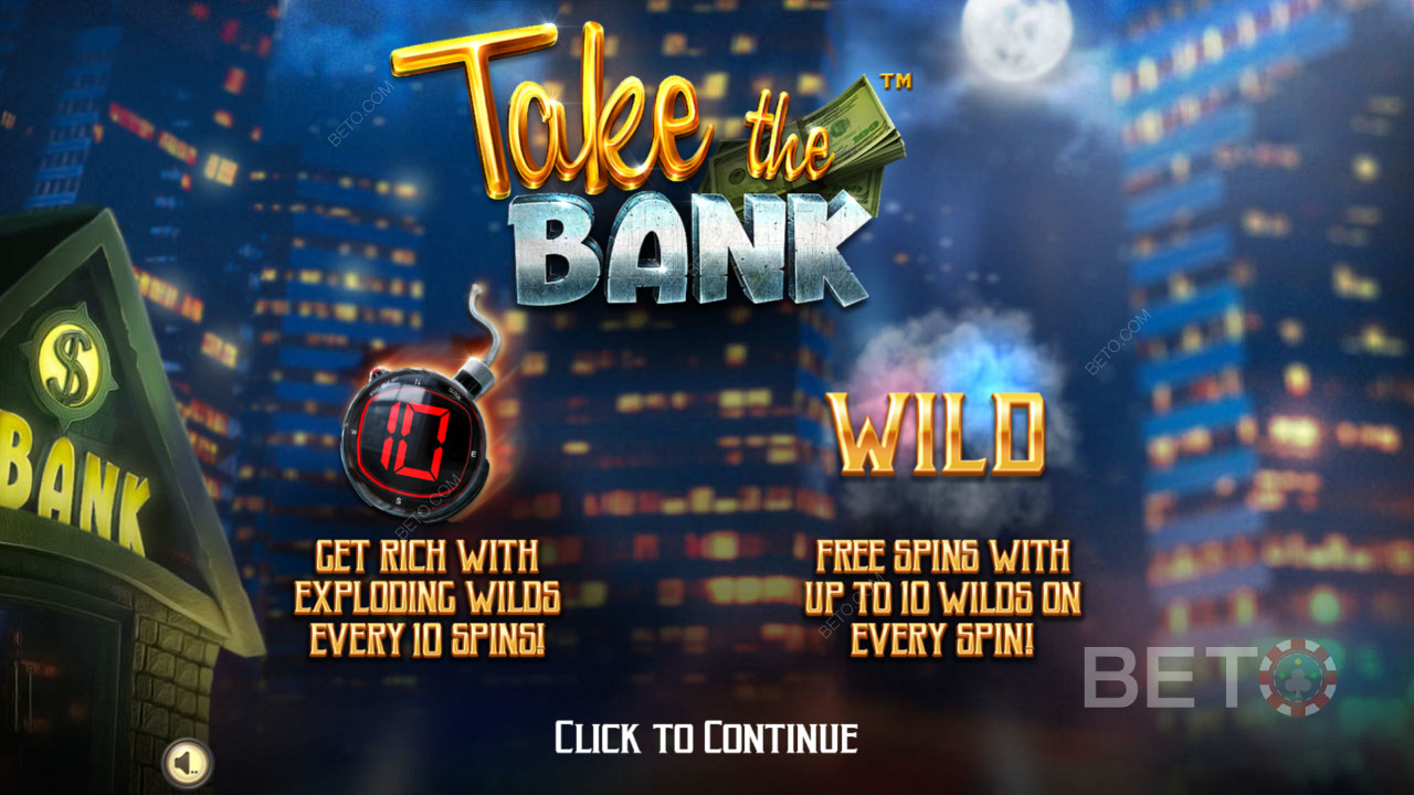 Úvodní obrazovka hry Take The Bank - Get Rich s explodujícími symboly Wilds