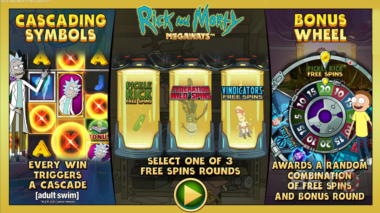 Užijte si tři různé typy roztočení zdarma ve výherním automatu Rick and Morty Megaways.