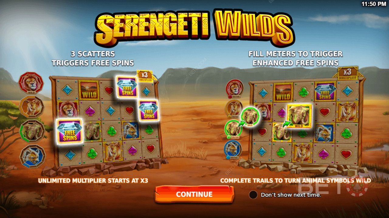 Užijte si ve slotu Serengeti Wilds silné funkce, jako jsou Free Spins a Enhanced Free Spins.