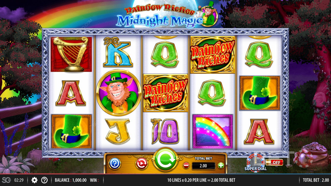 Herní mřížka 5x3 ve hře Rainbow Riches Midnight Magic