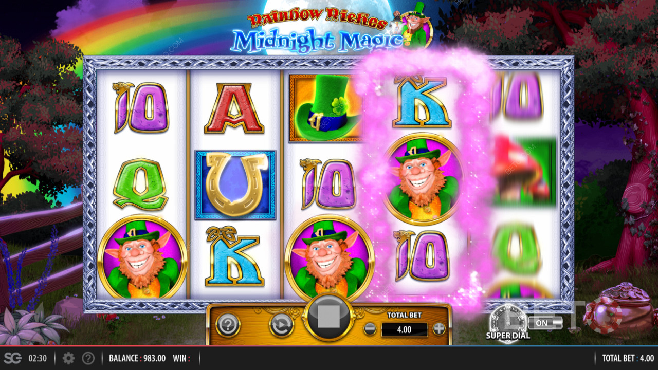 Rainbow Riches Midnight Magic od společnosti Barcrest, které zahrnují bonus Super Dial Bonus