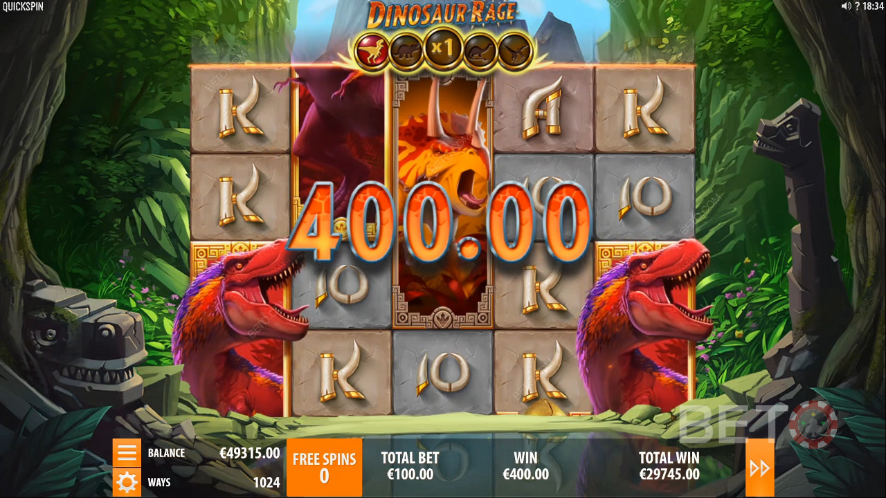 Výhra v hodnotě 400 mincí ve hře Dinosaur Rage Slot Machine