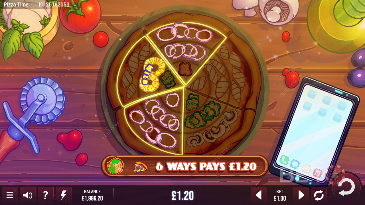 Různé výherní řady hry Pizza Time v kruhovém formátu