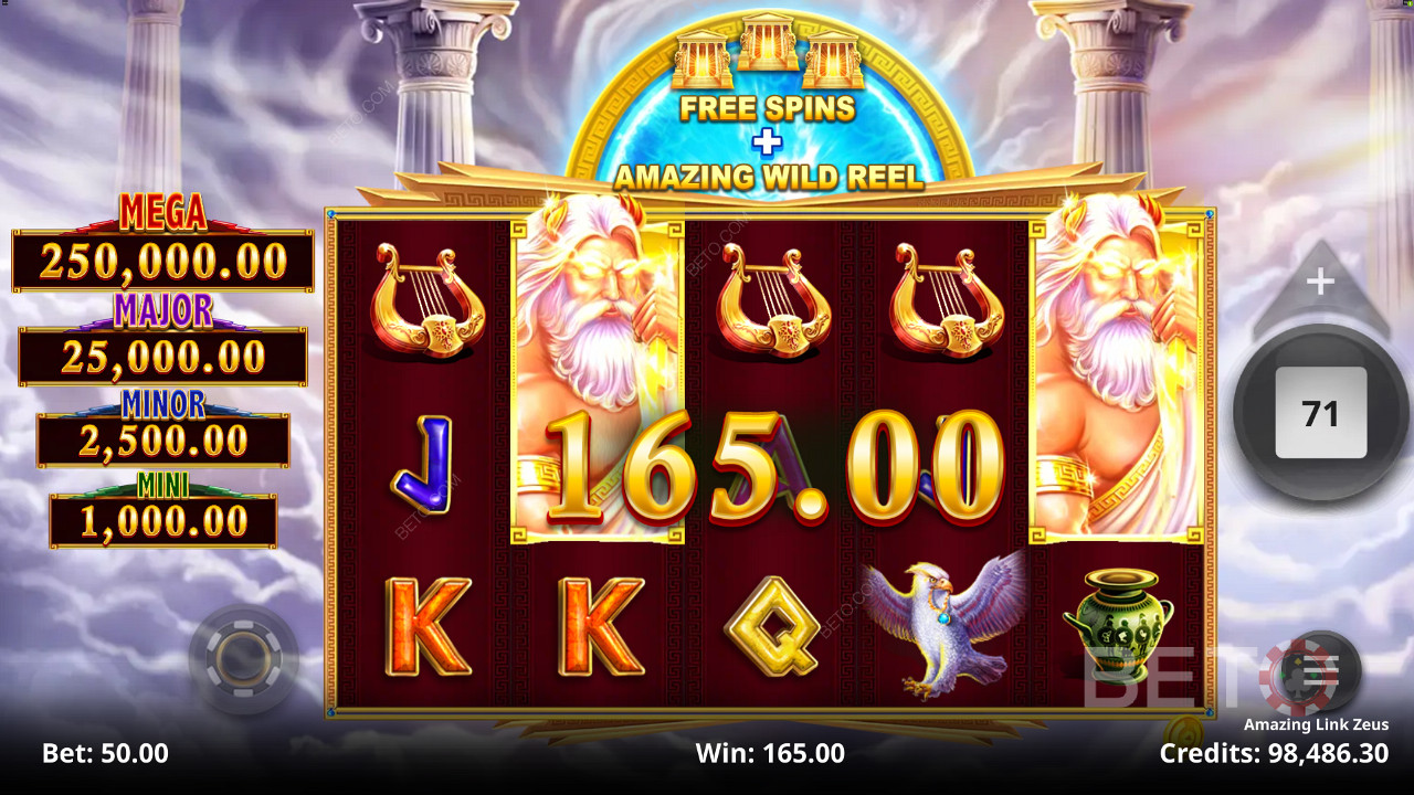 Hrajte a získejte šanci vyhrát jednu ze 4 pevných jackpotových cen ve slotu Amazing Link Zeus.