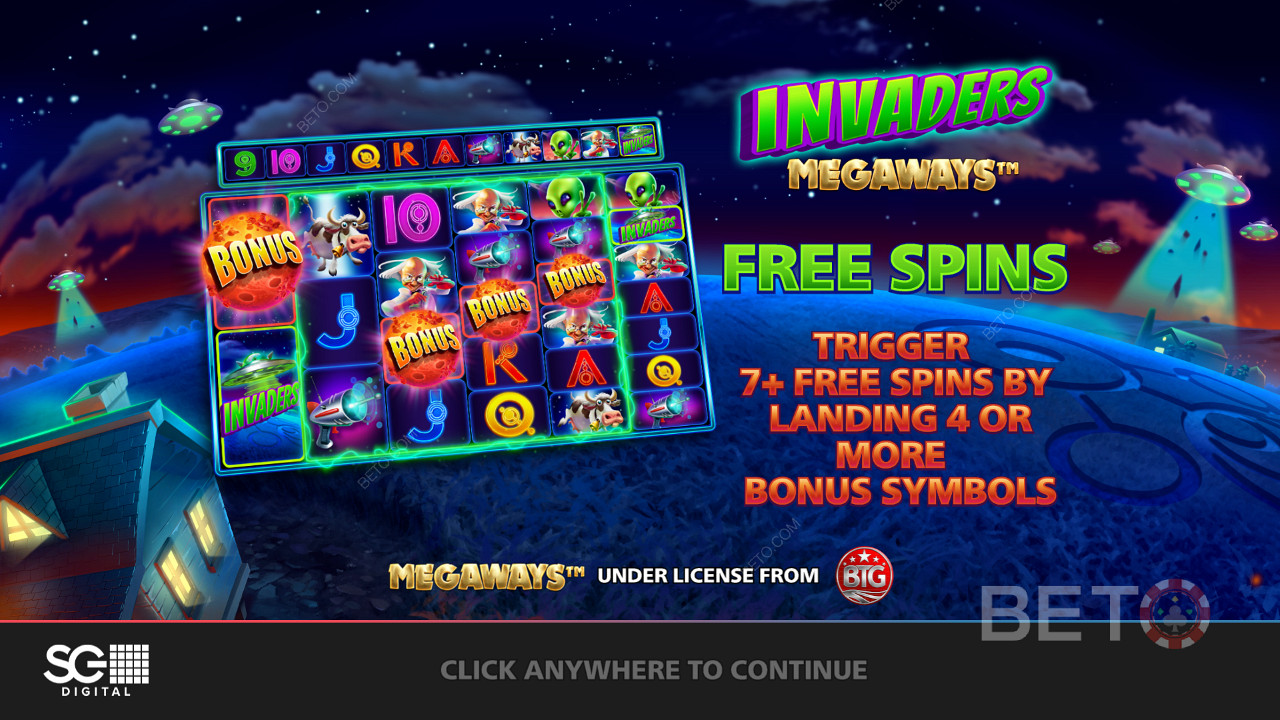 Užijte si roztočení zdarma s modifikátory, kaskádovými válci a dalšími prvky ve slotu Invaders Megaways.