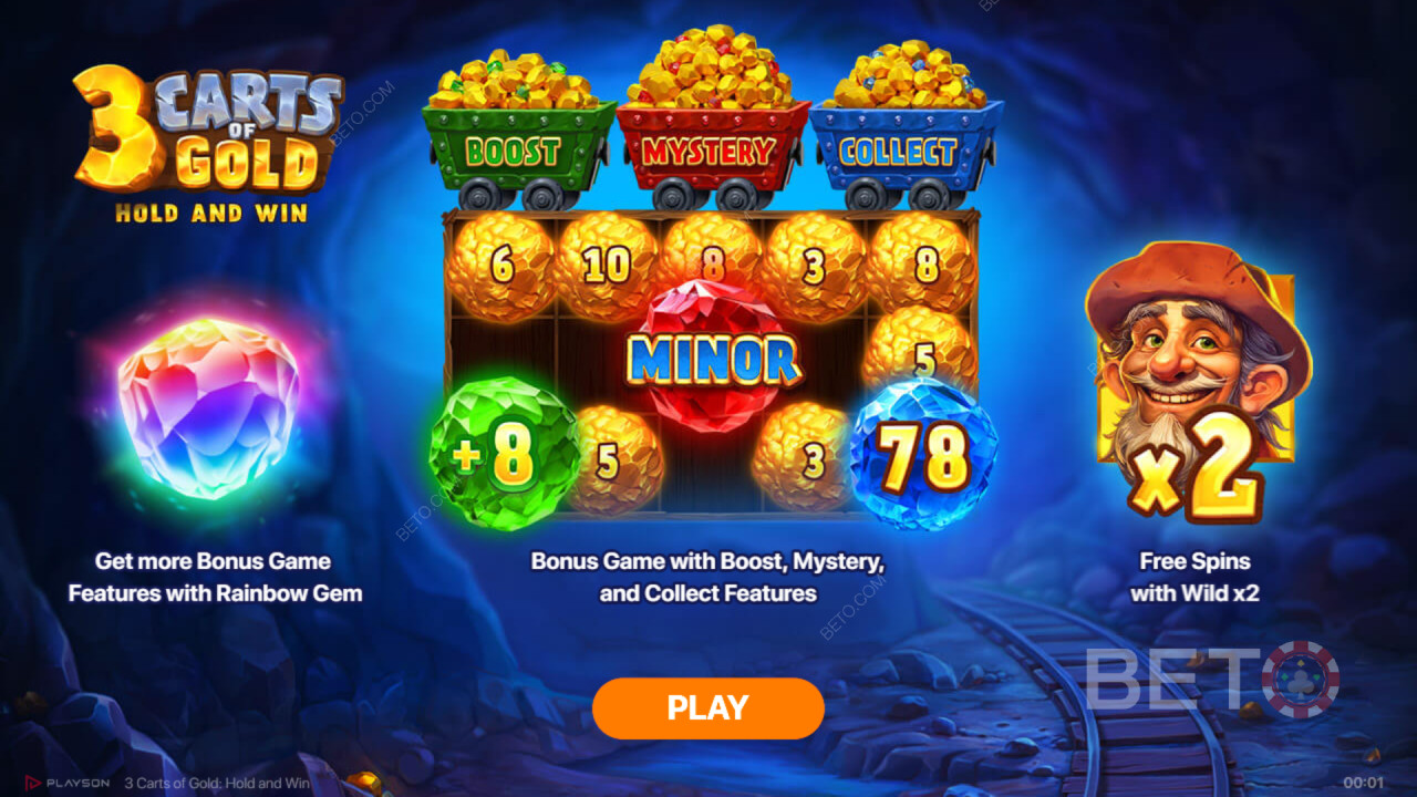 Vysvětlení bonusových funkcí ve hře 3 Carts of Gold: Hold and Win od Playson