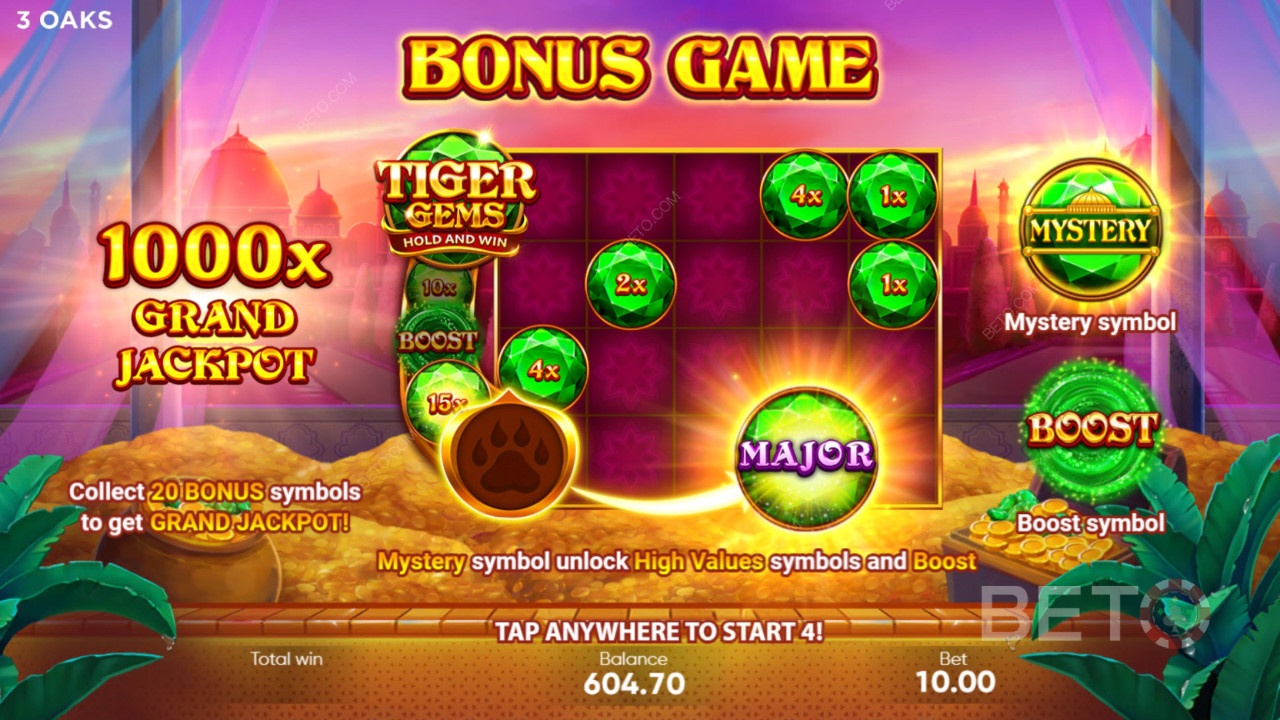 Vysvětlení bonusových funkcí ve hře Tiger Gems od 3 Oaks Gaming