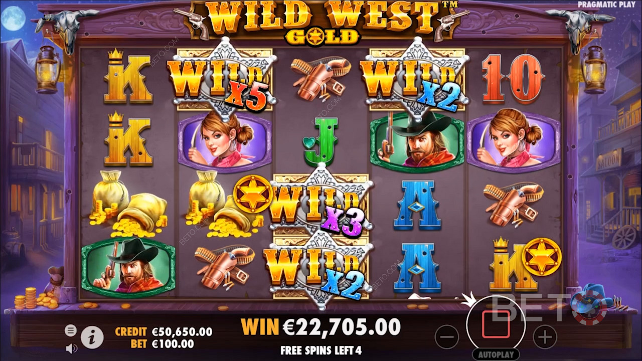 Symboly Wild ve slotu Wild West Gold s násobiteli
