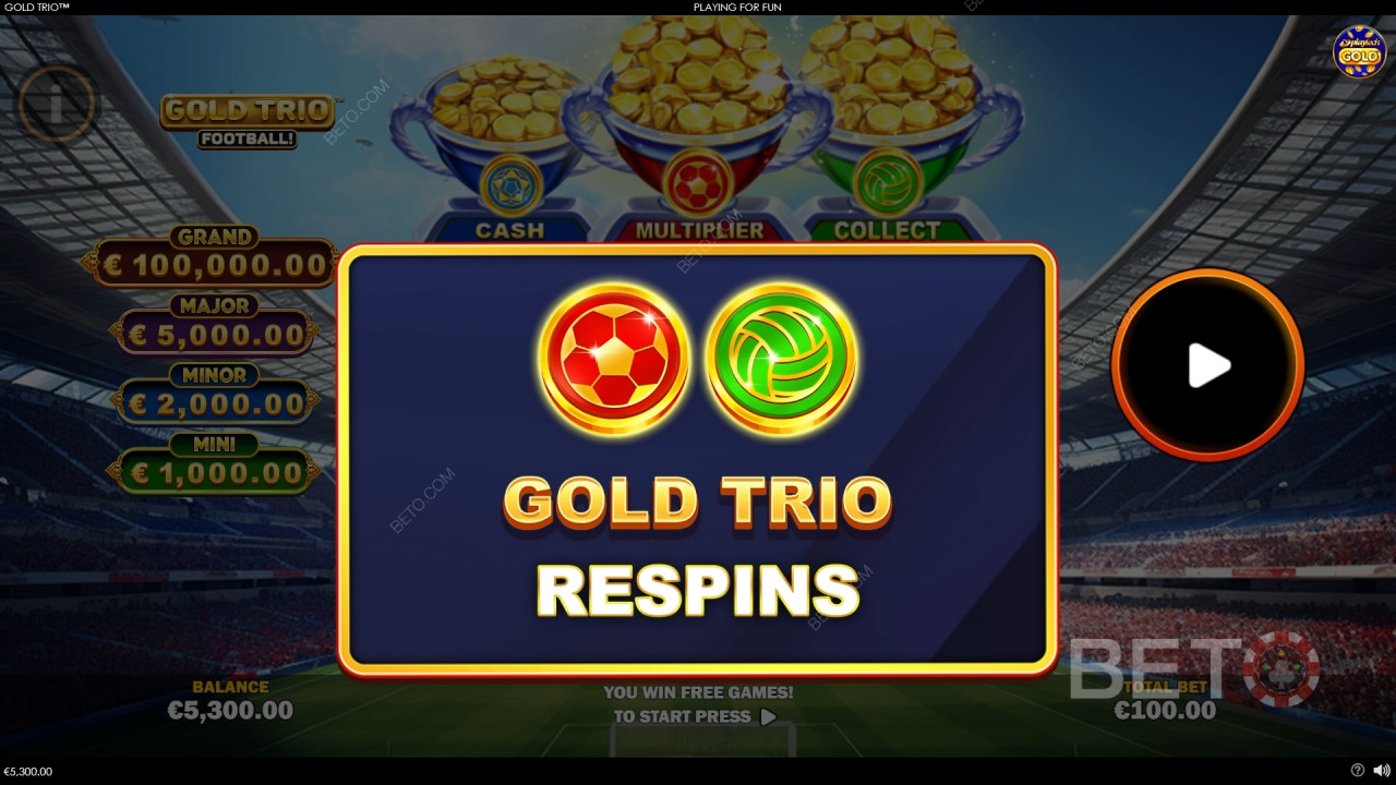 Vysvětlení bonusových funkcí ve hře Gold Trio: Fotbal! od: Zlaté trio: Fotbal! Playtech