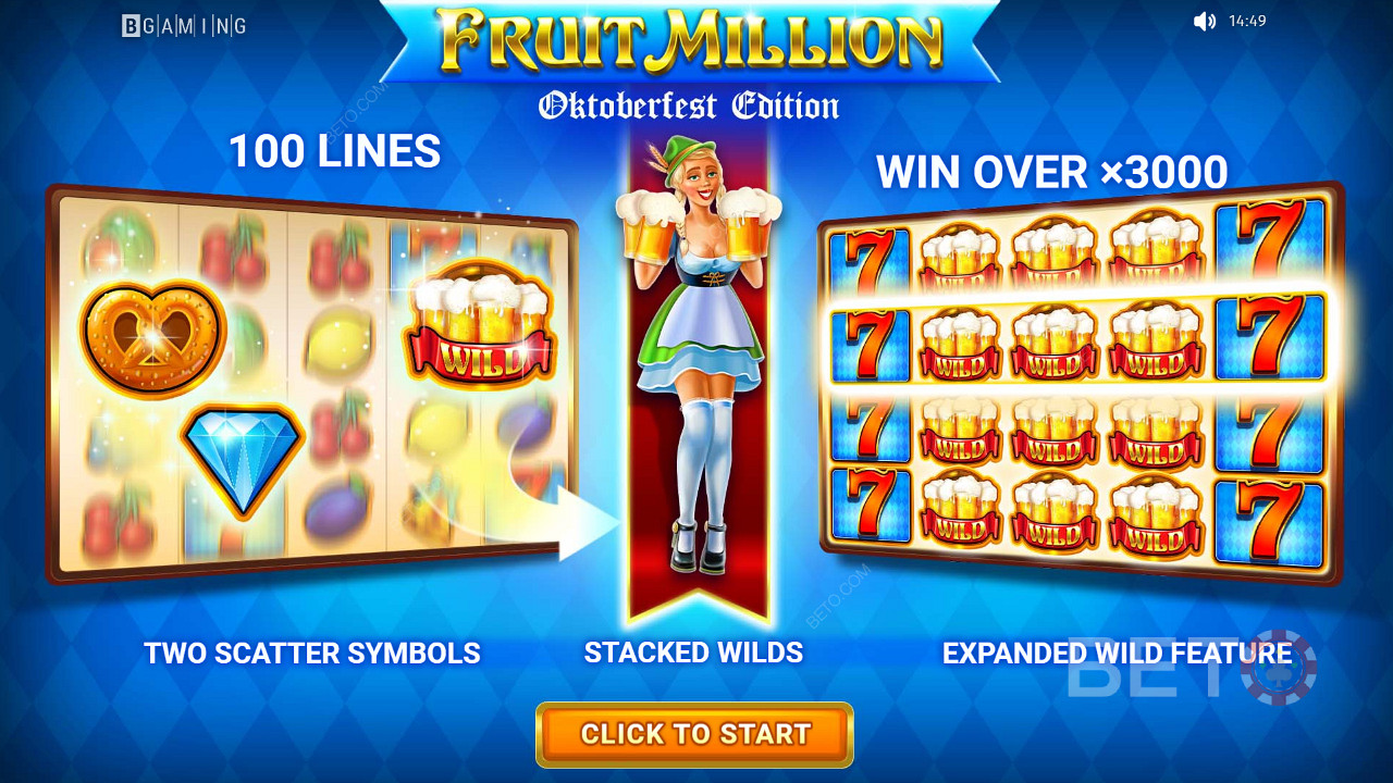 Zahrajte si na 100řádkovém slotu a vyhrajte až 3000násobek svého vkladu ve hře Fruit Million.