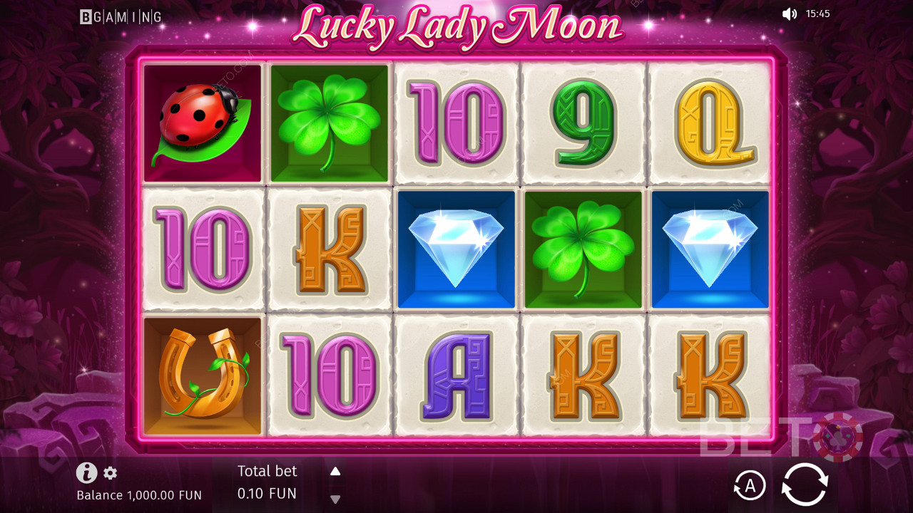 Výherní automat Lucky Lady Moon je založen na fantasy tématu a používá 10 pevných výherních řad na mřížce 5x3.