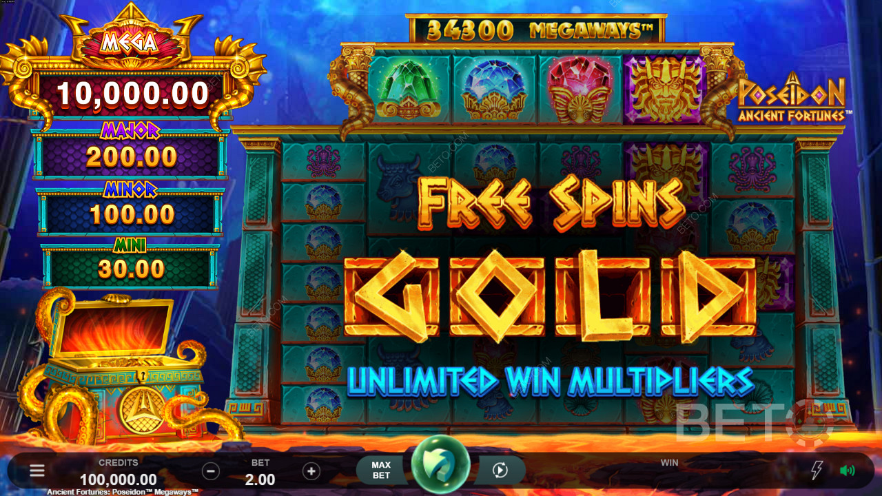 Užijte si neomezený počet násobitelů výher ve Free Spins ve hře Ancient Fortunes: Slot Poseidon Megaways