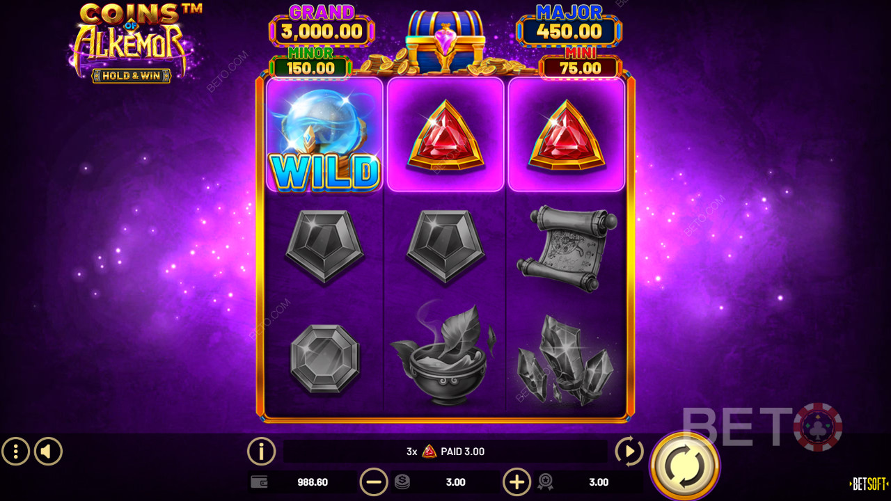 Vysvětlení bonusových funkcí ve hře Coins of Alkemor - Hold & Win by Betsoft