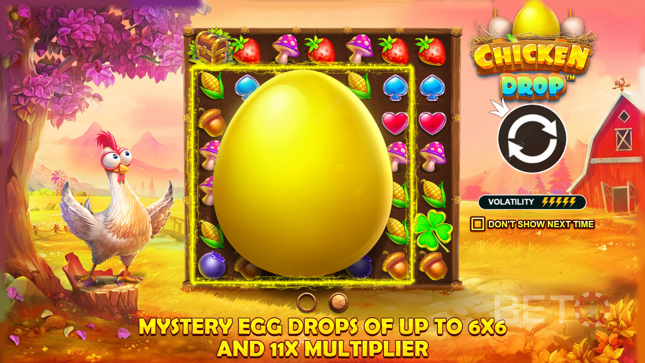 Užijte si kapky vajec s násobiteli a většími velikostmi v online slotu Chicken Drop