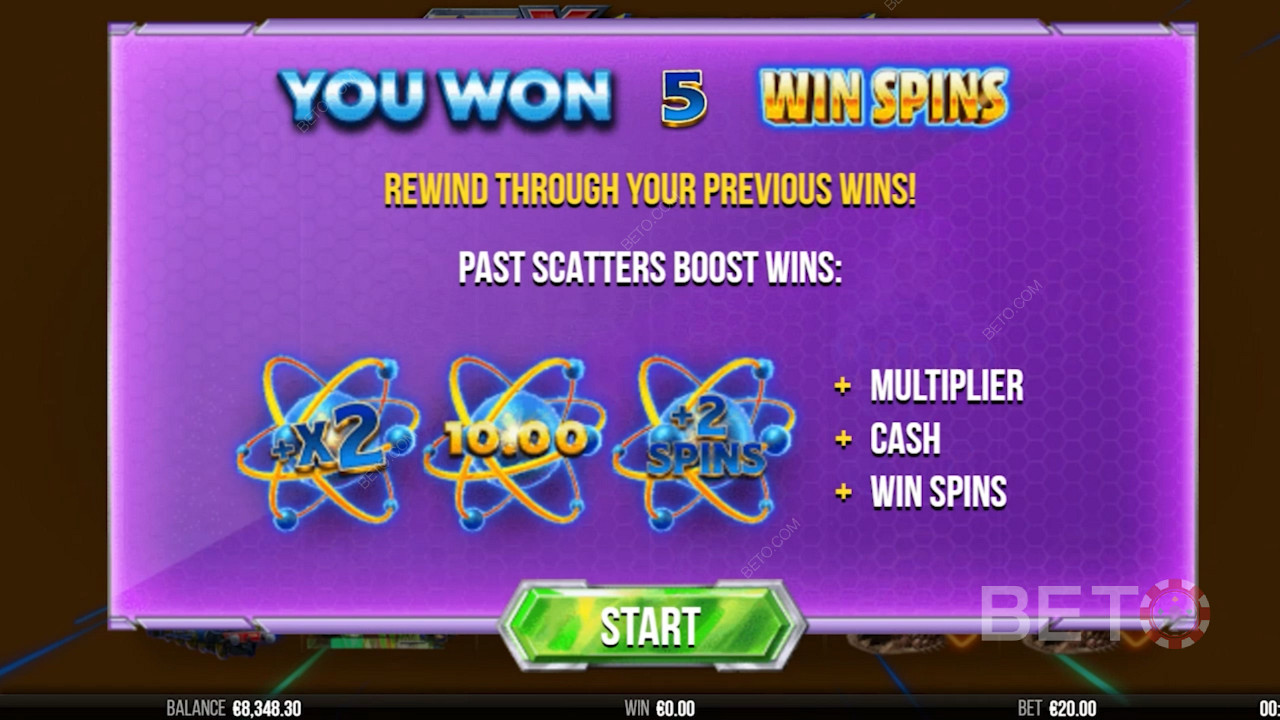 Úvodní obrazovka 10x Rewind zobrazující informace o bonusu Free Spins.