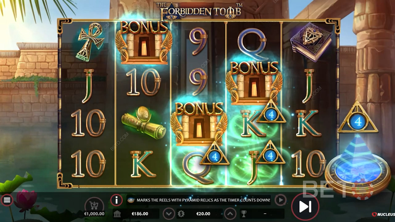 Spusťte Free Spins s 5 až 10 symboly Wilds ve videohře The Forbidden Tomb podle Nucleus Gaming