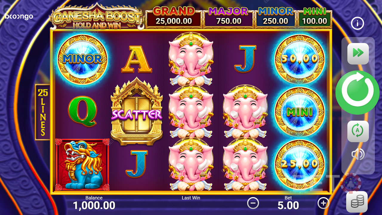 Užijte si jackpoty, když je získáte v bonusové hře ve slotu Ganesha Boost Hold and Win.