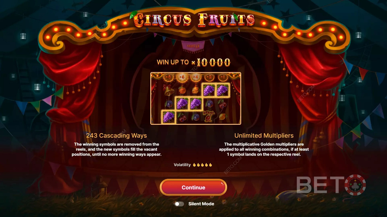 Úvodní obrazovka inspirovaná tématem Circus Fruits