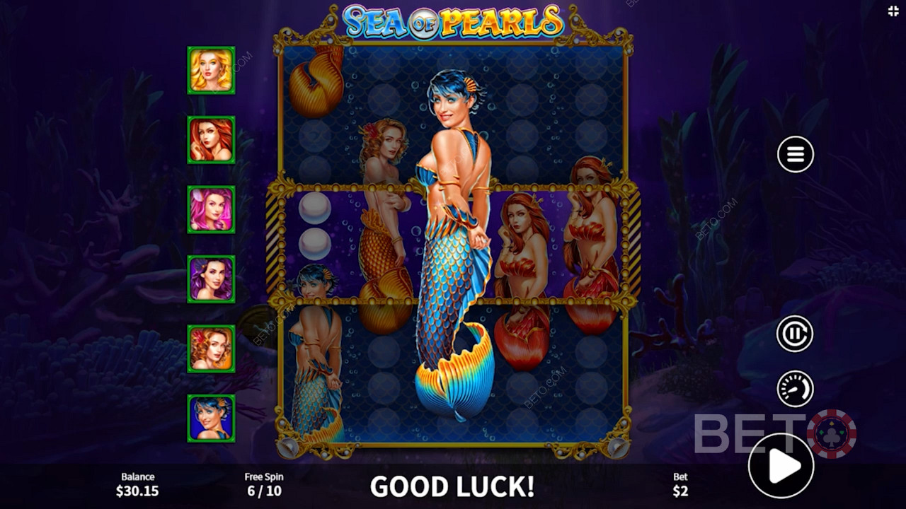 Přeměňte typ symbolu mořské panny na symbol Mystery, když ve volných hrách nasbíráte 50 perel.