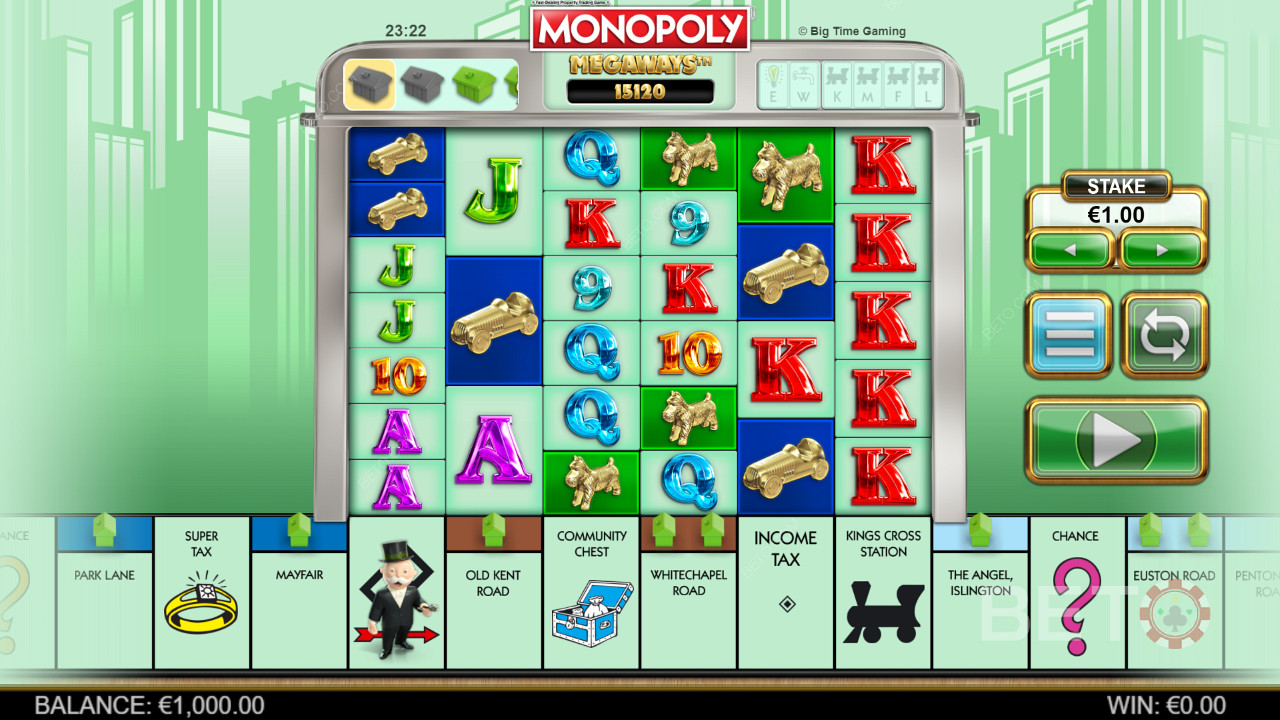Herní mřížka Megaways ve hře Monopoly Megaways